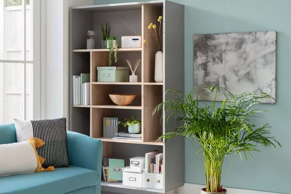 A Habitat Skandi wide shelving unit in grey.